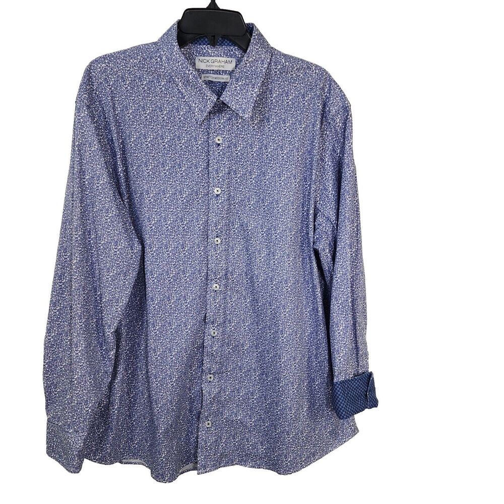Nick Graham Everywhere Mens Shirt 2XL Blue Paisley Flip Cuff Modern Fit Stretch